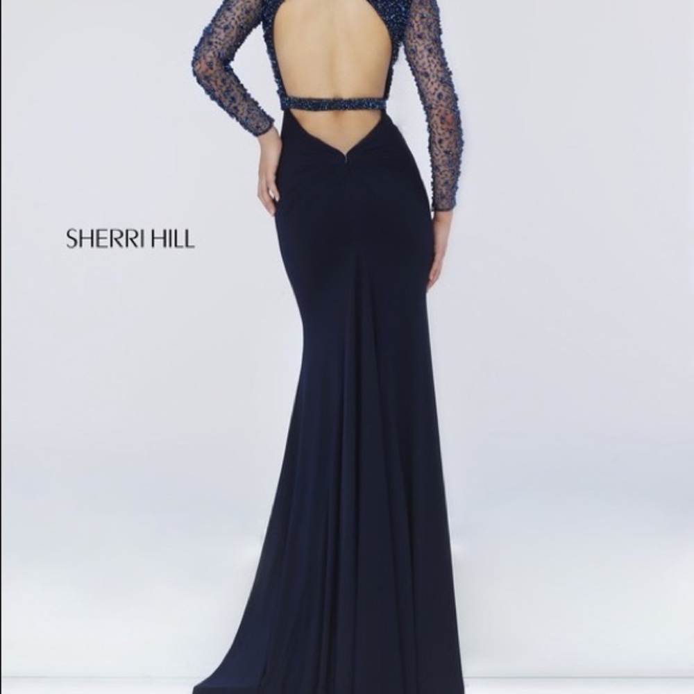 Sherri Hill Navy Blue Open Back Gown